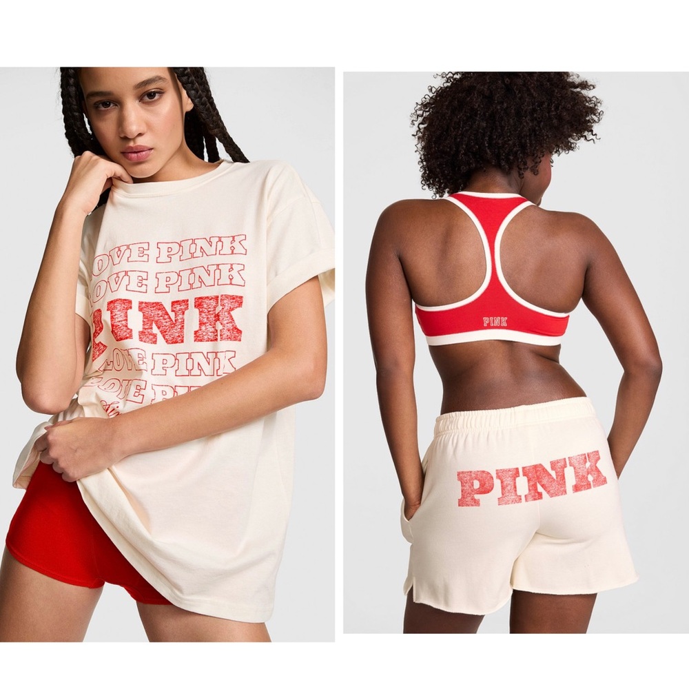 PINK Victoria’s Secret Limited Edition Set NWT Tee Small + Shorts XS Cream Red
